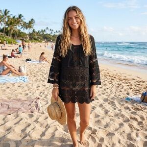 Black Lace Gypsy 05 Mini Tunic Dress 100% Cotton EUC Indie Swim